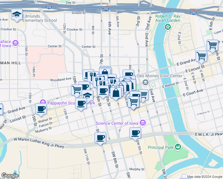 map of restaurants, bars, coffee shops, grocery stores, and more near 418 6th Avenue in Des Moines