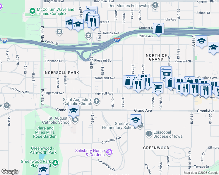 map of restaurants, bars, coffee shops, grocery stores, and more near 621 41st Street in Des Moines