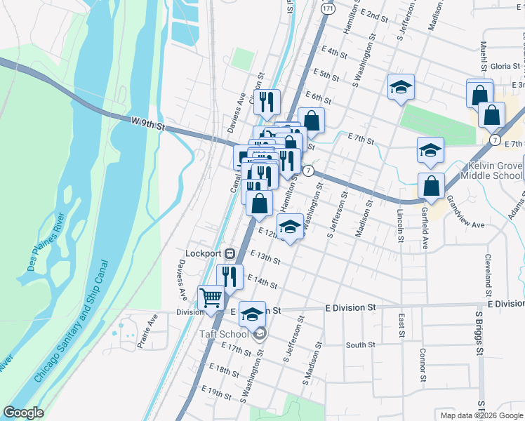 map of restaurants, bars, coffee shops, grocery stores, and more near 1101 South State Street in Lockport