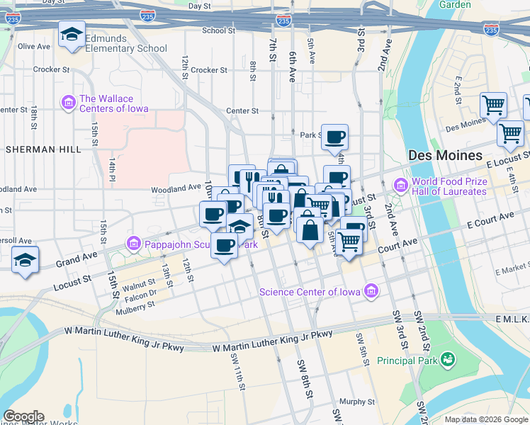 map of restaurants, bars, coffee shops, grocery stores, and more near 717 Locust Street in Des Moines