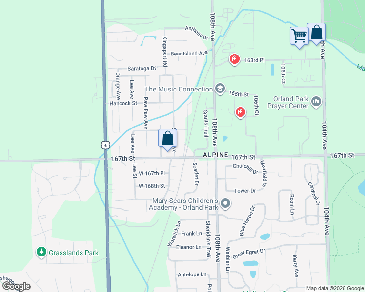 map of restaurants, bars, coffee shops, grocery stores, and more near 10900 West 167th Street in Orland Park