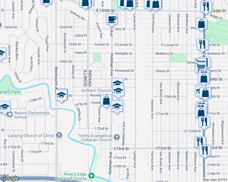 map of restaurants, bars, coffee shops, grocery stores, and more near 6937 Hohman Avenue in Hammond