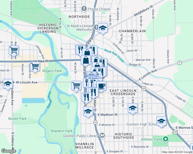 map of restaurants, bars, coffee shops, grocery stores, and more near 120-132 State Route 15 in Goshen