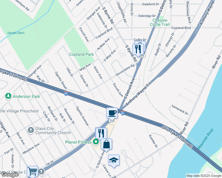 map of restaurants, bars, coffee shops, grocery stores, and more near 3222 Escott Avenue in Toledo
