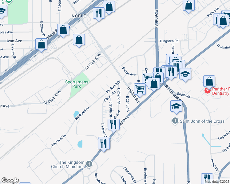 map of restaurants, bars, coffee shops, grocery stores, and more near 25171 Fisher Road in Euclid