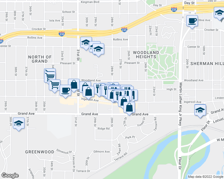 map of restaurants, bars, coffee shops, grocery stores, and more near 28th St & High St in Des Moines
