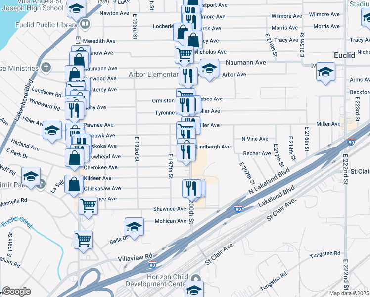 map of restaurants, bars, coffee shops, grocery stores, and more near 677 East 200th Street in Euclid