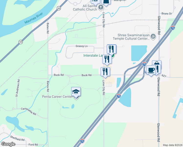 map of restaurants, bars, coffee shops, grocery stores, and more near 9090 Buck Road in Perrysburg