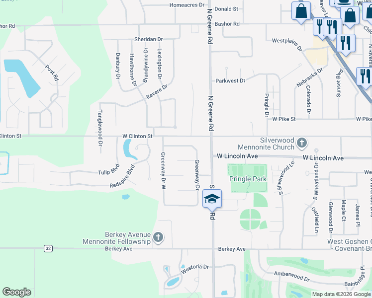 map of restaurants, bars, coffee shops, grocery stores, and more near 98 Greenway Drive in Goshen