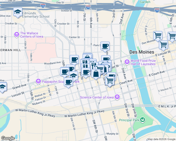 map of restaurants, bars, coffee shops, grocery stores, and more near in Des Moines