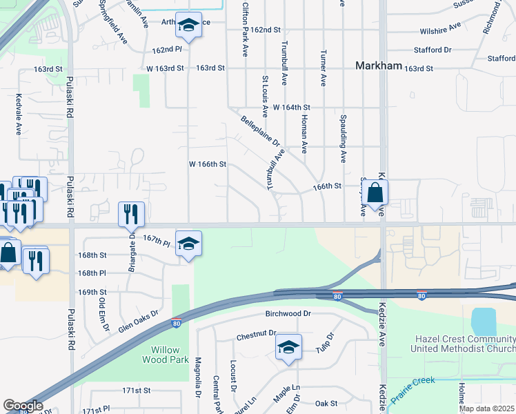 map of restaurants, bars, coffee shops, grocery stores, and more near 16592 Plainview Drive in Markham