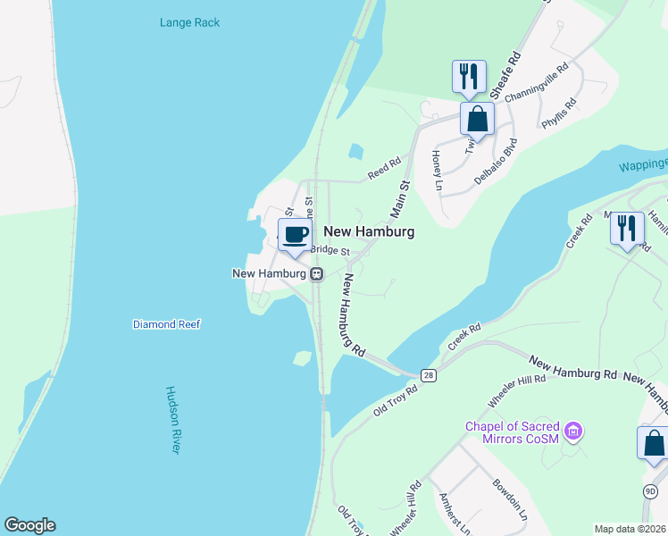 map of restaurants, bars, coffee shops, grocery stores, and more near 23 Main Street in Wappingers Falls