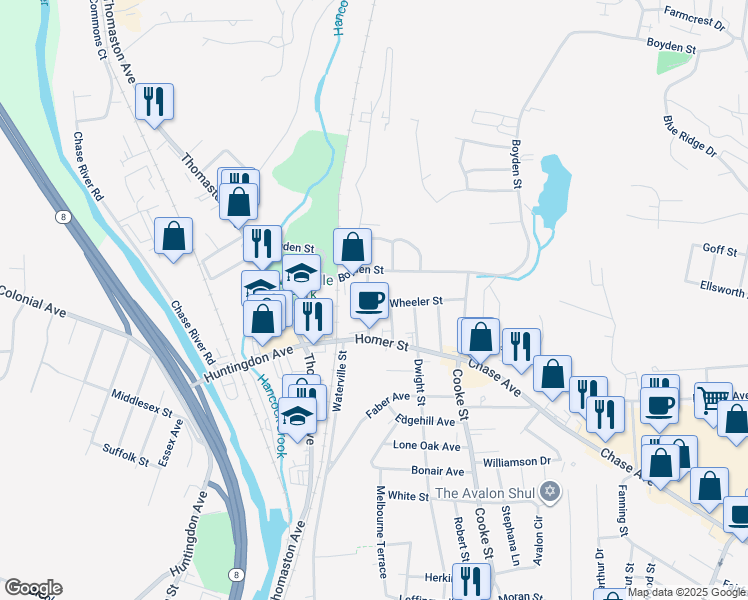 map of restaurants, bars, coffee shops, grocery stores, and more near 208 Boyden Street in Waterbury