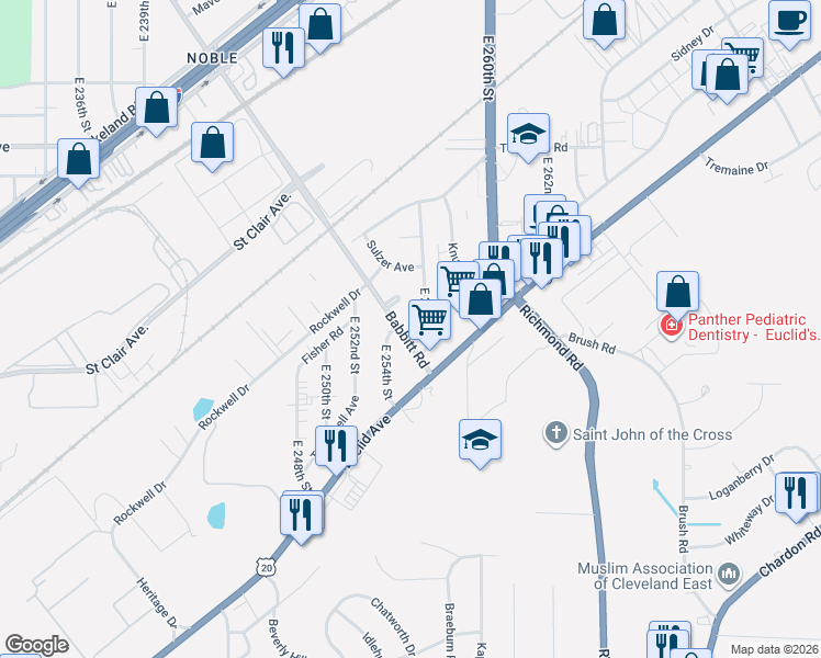 map of restaurants, bars, coffee shops, grocery stores, and more near 1554 East 256th Street in Euclid