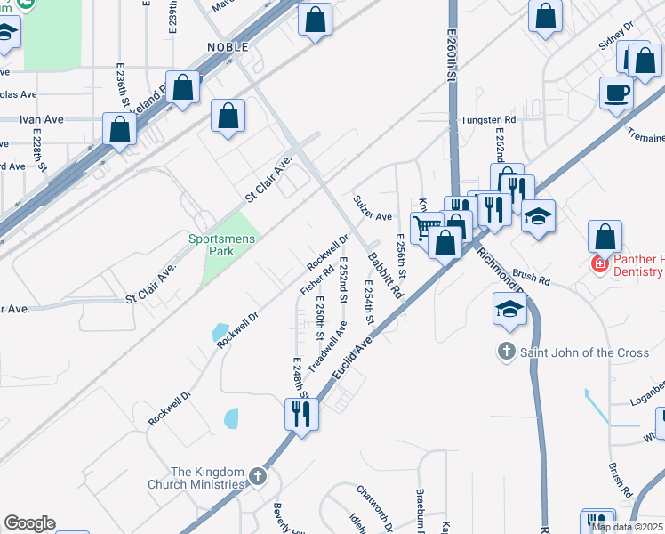map of restaurants, bars, coffee shops, grocery stores, and more near 25171 Fisher Road in Euclid