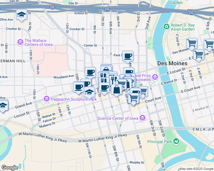 map of restaurants, bars, coffee shops, grocery stores, and more near 418 6th Avenue in Des Moines