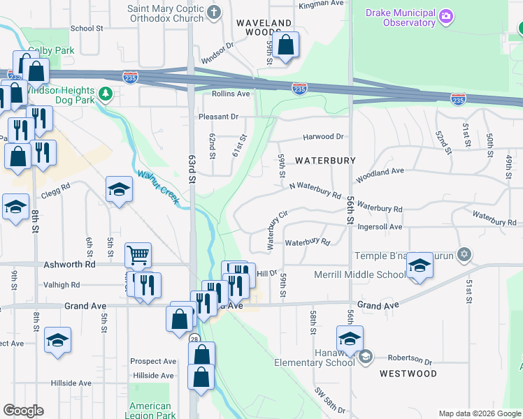 map of restaurants, bars, coffee shops, grocery stores, and more near 5924 North Waterbury Road in Des Moines