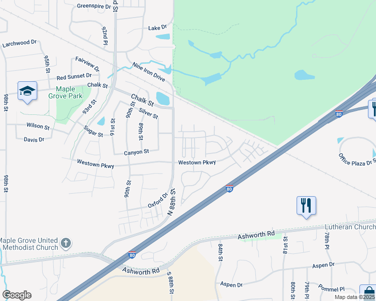 map of restaurants, bars, coffee shops, grocery stores, and more near 8601 Westown Pkwy in West Des Moines