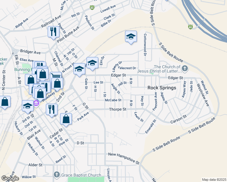 map of restaurants, bars, coffee shops, grocery stores, and more near 100 Hill Street in Rock Springs