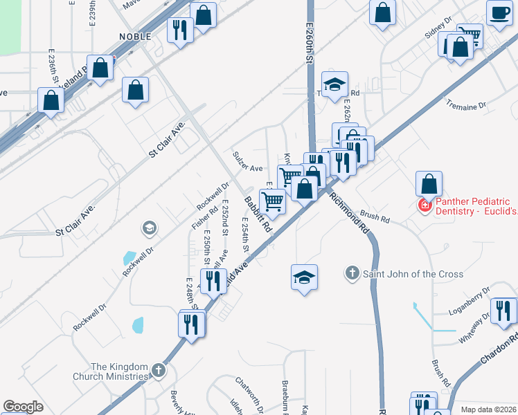 map of restaurants, bars, coffee shops, grocery stores, and more near 1554 East 256th Street in Euclid