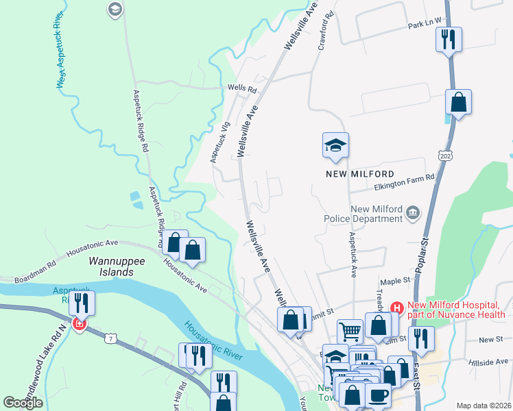 map of restaurants, bars, coffee shops, grocery stores, and more near 26 Canterbury Arms in New Milford