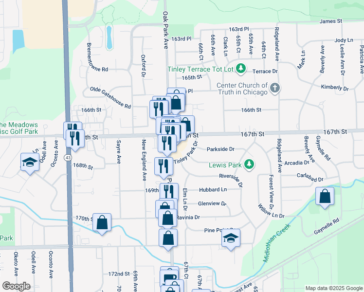 map of restaurants, bars, coffee shops, grocery stores, and more near 16711 Oak Park Avenue in Tinley Park