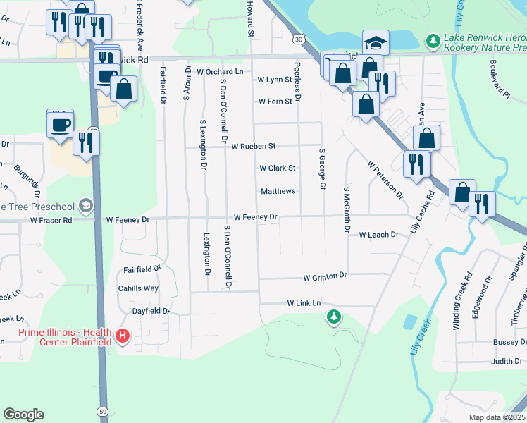map of restaurants, bars, coffee shops, grocery stores, and more near 23552 West Feeney Drive in Plainfield