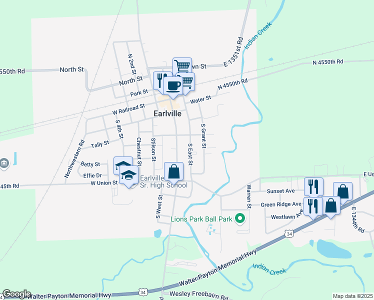 map of restaurants, bars, coffee shops, grocery stores, and more near in Earlville