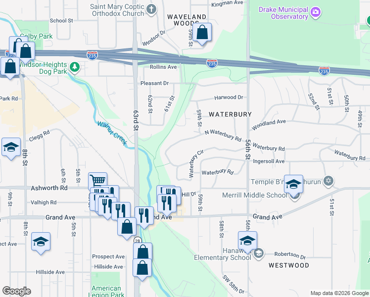 map of restaurants, bars, coffee shops, grocery stores, and more near 5924 North Waterbury Road in Des Moines