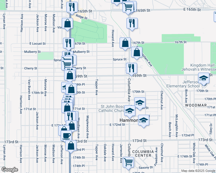 map of restaurants, bars, coffee shops, grocery stores, and more near 1023 169th Place in Hammond