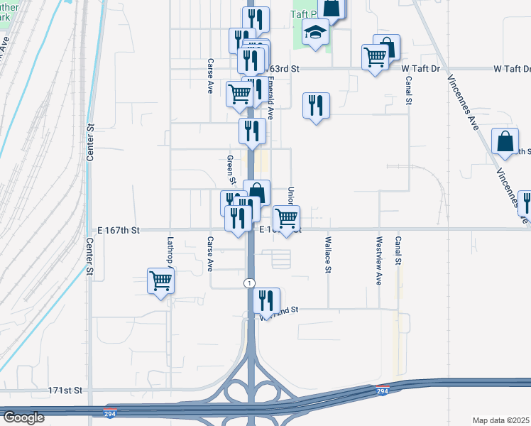 map of restaurants, bars, coffee shops, grocery stores, and more near 16615 Halsted Street in Harvey