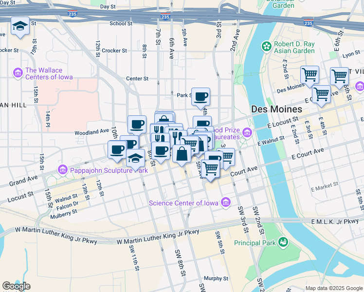 map of restaurants, bars, coffee shops, grocery stores, and more near 418 6th Avenue in Des Moines
