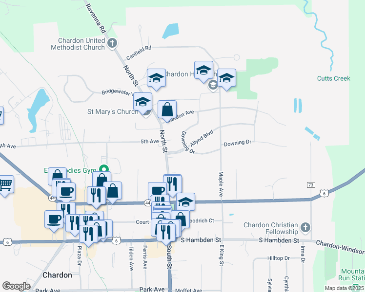 map of restaurants, bars, coffee shops, grocery stores, and more near 99 Allynd Boulevard in Chardon