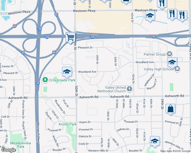 map of restaurants, bars, coffee shops, grocery stores, and more near 4909 West Park Drive in West Des Moines