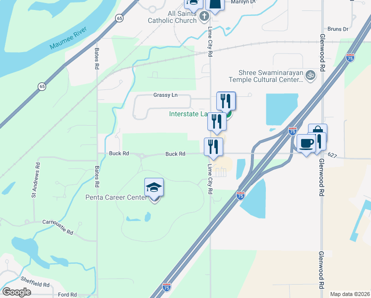 map of restaurants, bars, coffee shops, grocery stores, and more near 9090 Buck Road in Perrysburg