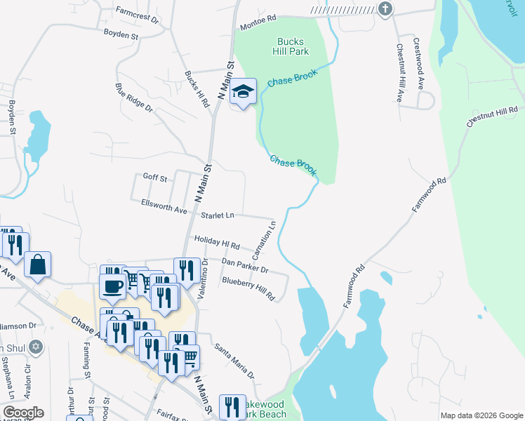 map of restaurants, bars, coffee shops, grocery stores, and more near 111 Starlet Lane in Waterbury
