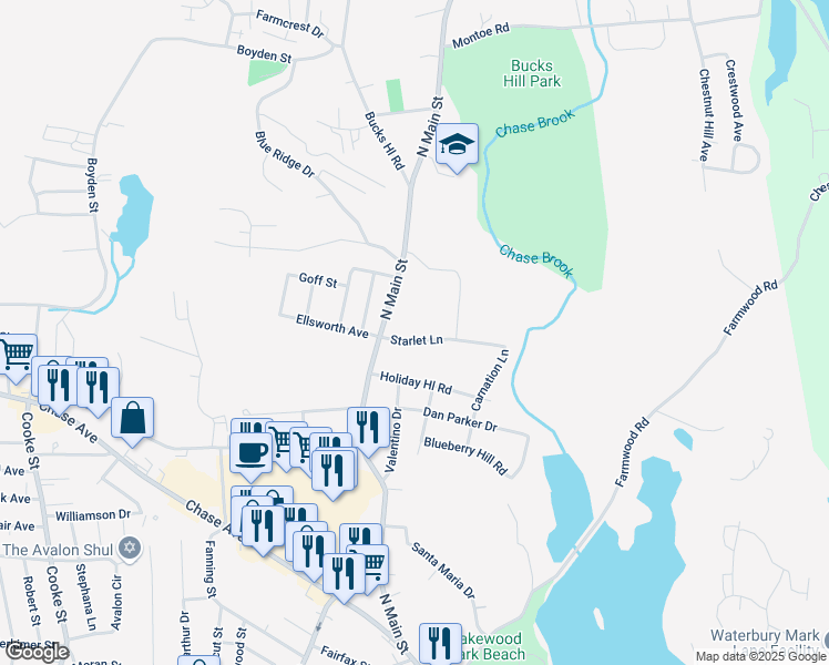 map of restaurants, bars, coffee shops, grocery stores, and more near 35 Starlet Lane in Waterbury
