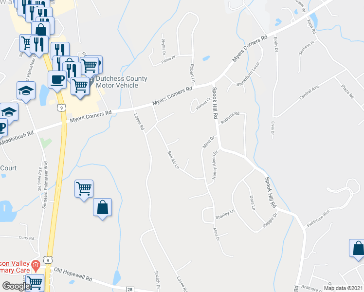 map of restaurants, bars, coffee shops, grocery stores, and more near 7 Orange Court in Wappingers Falls