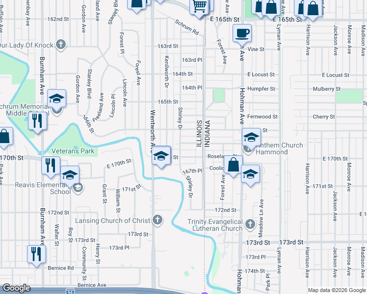 map of restaurants, bars, coffee shops, grocery stores, and more near 16 166th Place in Calumet City