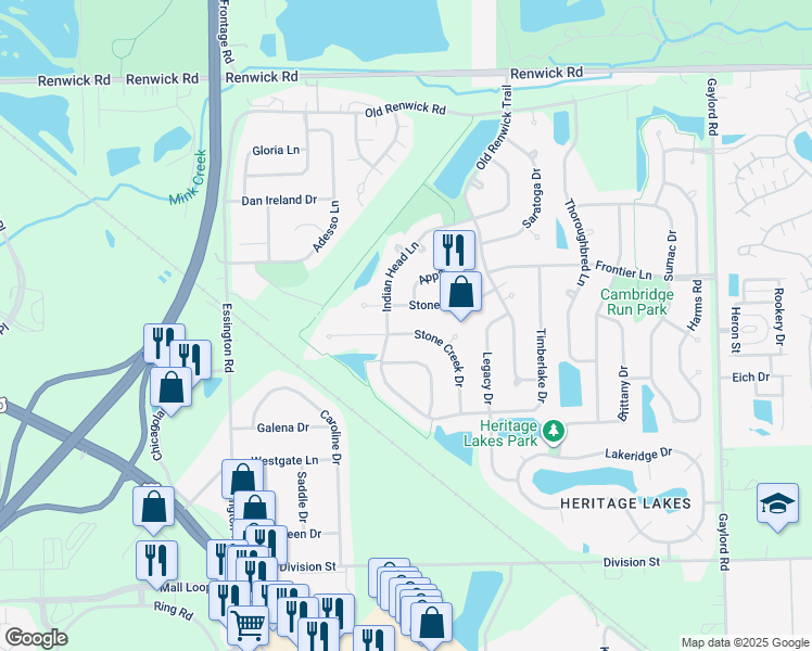 map of restaurants, bars, coffee shops, grocery stores, and more near 2903 Stone Creek Drive in Joliet