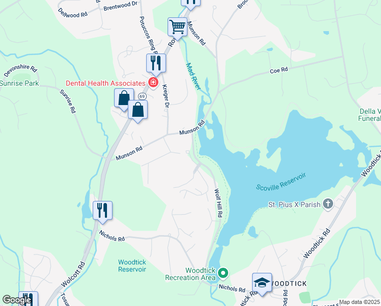map of restaurants, bars, coffee shops, grocery stores, and more near 12 Wolf Hill Road in Wolcott