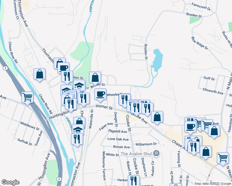 map of restaurants, bars, coffee shops, grocery stores, and more near 61 Wheeler Street in Waterbury