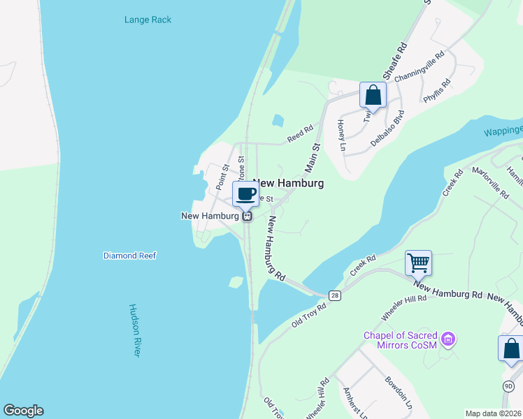 map of restaurants, bars, coffee shops, grocery stores, and more near 23 Main Street in Wappingers Falls