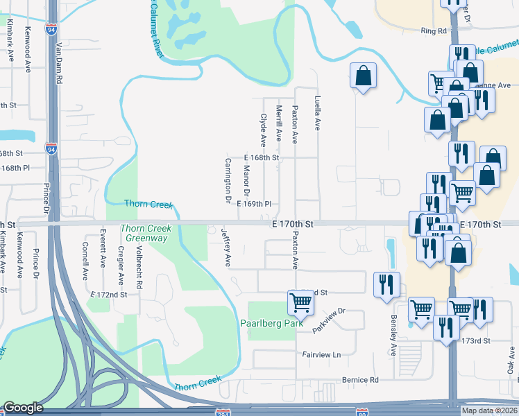 map of restaurants, bars, coffee shops, grocery stores, and more near 16911 Manor Drive in South Holland