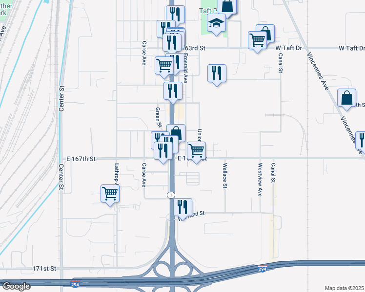 map of restaurants, bars, coffee shops, grocery stores, and more near 16615 Halsted Street in Harvey