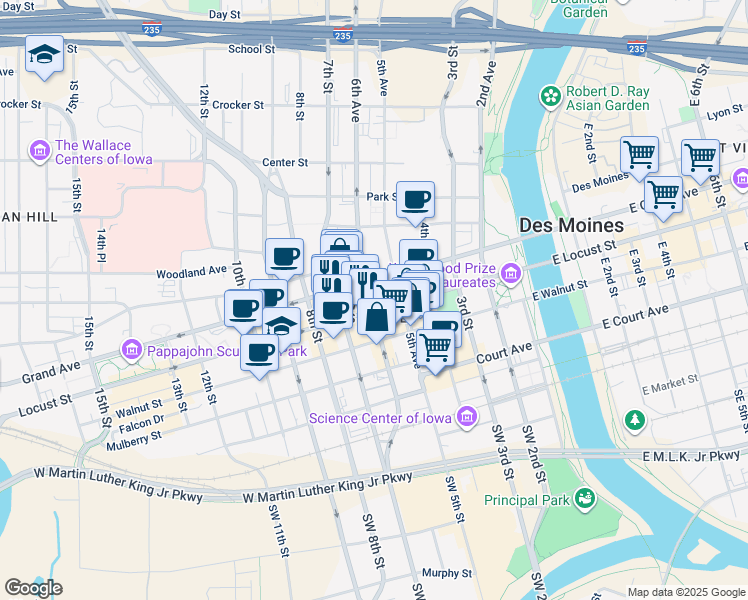 map of restaurants, bars, coffee shops, grocery stores, and more near in Des Moines