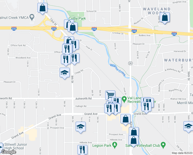 map of restaurants, bars, coffee shops, grocery stores, and more near 1121 6th Street in West Des Moines