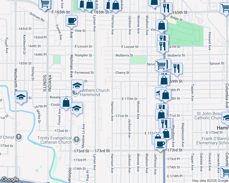 map of restaurants, bars, coffee shops, grocery stores, and more near 6921 Harrison Avenue in Hammond