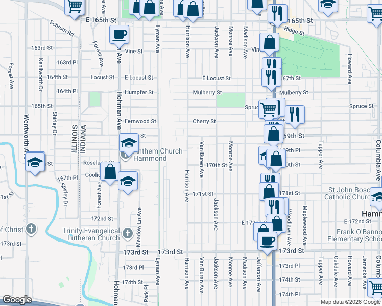 map of restaurants, bars, coffee shops, grocery stores, and more near 6931 Harrison Avenue in Hammond