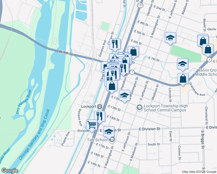map of restaurants, bars, coffee shops, grocery stores, and more near 1101 South State Street in Lockport